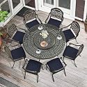 MEETWARM 9-Piece Outdoor Furniture Dining Set, All Weather Cast Aluminum Patio Garden Set with 8 Cushioned Chairs, 61" Round Patio Dining Table with Detachable Lazy Susan, 2" Umbrella Hole, Navy Blue