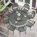 MEETWARM 9-Piece Outdoor Furniture Dining Set, All Weather Cast Aluminum Patio Garden Set with 8 Chairs, 61" Round Patio Dining Table with Detachable Lazy Susan, 2" Umbrella Hole,Dark Bronze