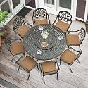 MEETWARM 9-Piece Outdoor Furniture Dining Set, All Weather Cast Aluminum Patio Garden Set- 8 Cushioned Chairs, 61" Round Patio Dining Table with Detachable Lazy Susan, 2" Umbrella Hole,Dark Bronze
