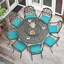 MEETWARM 9-Piece Outdoor Furniture Dining Set, All Weather Cast Aluminum Patio Garden Set- 8 Cushioned Chairs, 61" Round Patio Dining Table with Detachable Lazy Susan, 2" Umbrella Hole, Ocean Blue