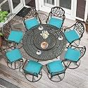 MEETWARM 9-Piece Outdoor Patio Dining Set, All-Weather Cast Aluminum Patio Conversation Set- 8 Cushioned Swivel Rocker, 61" Round Patio Dining Table w/Detachable Lazy Susan/Umbrella Hole, Ocean Blue