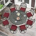 MEETWARM 9-Piece Outdoor Patio Dining Set, All-Weather Cast Aluminum Patio Conversation Set- 8 Cushioned Swivel Rocker, 61" Round Patio Dining Table w/Detachable Lazy Susan/Umbrella Hole, Chili Red