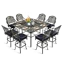 MEETWARM 9-Piece Outdoor Patio Swivel Bar Set, All Weather Cast Aluminum Patio Bar Table and Chairs Set with 8 Cushioned Swivel Bar Stools, Large 64" Square Patio Bar Height Table, 2.2" Umbrella Hole