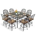 MEETWARM 9-Piece Outdoor Patio Swivel Bar Set, All Weather Cast Aluminum High Top Patio Bar Furniture with 8 Cushioned Swivel Bar Stools, Large 64" Square Patio Bar Height Table, 2.2" Umbrella Hole