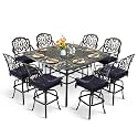 MEETWARM 9-Piece Outdoor Patio Swivel Bar Set, All Weather Cast Aluminum High Top Patio Bar Furniture with 8 Cushioned Swivel Bar Stools, Large 64" Square Patio Bar Height Table, 2.2" Umbrella Hole