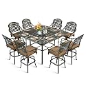 MEETWARM 9-Piece Outdoor Patio Swivel Bar Set, All Weather Cast Aluminum Patio Bar Table and Chairs Set with 8 Cushioned Swivel Bar Stools, Large 64" Square Patio Bar Height Table, 2.2" Umbrella Hole