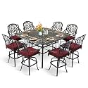 MEETWARM 9-Piece Outdoor Patio Swivel Bar Set, All Weather Cast Aluminum High Top Patio Bar Furniture with 8 Cushioned Swivel Bar Stools, Large 64" Square Patio Bar Height Table, 2.2" Umbrella Hole