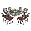 MEETWARM 9-Piece Outdoor Patio Swivel Bar Set, All Weather Cast Aluminum Patio Bar Table and Chairs Set with 8 Cushioned Swivel Bar Stools, Large 64" Square Patio Bar Height Table, 2.2" Umbrella Hole
