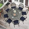 MEETWARM 9-Piece Outdoor Patio Table and Chairs Set, All Weather Cast Aluminum Patio Dining Set- 8 Cushioned Chairs, 61" Round Patio Dining Table with Detachable Lazy Susan, Umbrella Hole, Navy Blue