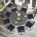 MEETWARM Outdoor 9-Piece Patio Dining Set, All-Weather Cast Aluminum Patio Conversation Set- 8 Cushioned Swivel Rocker, 61" Round Patio Dining Table w/Detachable Lazy Susan/Umbrella Hole, Navy Blue