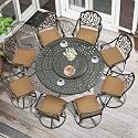MEETWARM Outdoor 9-Piece Patio Dining Set, All-Weather Cast Aluminum Patio Conversation Set- 8 Cushioned Swivel Rocker, 61" Round Patio Dining Table w/Detachable Lazy Susan/Umbrella Hole, Dark Bronze