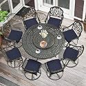 MEETWARM Outdoor 9-Piece Patio Dining Set, All-Weather Cast Aluminum Patio Conversation Set- 8 Cushioned Swivel Rocker, 61" Round Patio Dining Table w/Detachable Lazy Susan/Umbrella Hole, Navy Blue