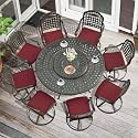 MEETWARM Outdoor 9-Piece Patio Dining Set, All-Weather Cast Aluminum Patio Conversation Set- 8 Cushioned Swivel Rocker, 61" Round Patio Dining Table w/Detachable Lazy Susan/Umbrella Hole, Chili Red