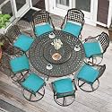 MEETWARM Outdoor 9-Piece Patio Dining Set, All-Weather Cast Aluminum Patio Conversation Set- 8 Cushioned Swivel Rocker, 61" Round Patio Dining Table w/Detachable Lazy Susan/Umbrella Hole, Ocean Blue