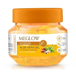 meglow nourishing aloe vera gel with kesar chandan  pure aloe vera kesar chandan gel  organic aloe vera gel for face  ayurvedic formula for skin nourishment 100g