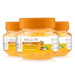 meglow by leeford  nourishing aloe vera gel with kesar chandan  pure aloe vera kesar chandan gel  organic aloe vera gel for face  ayurvedic formula for skin nourishment pack of 3 100g each