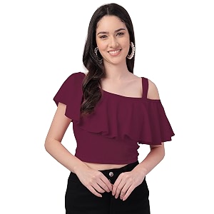 Mehrang Womens Casual Solid Flared Crop Top