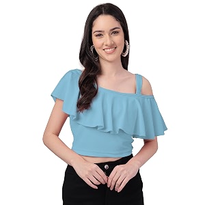 Mehrang Womens Casual Solid Flared Crop Top