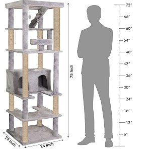 mellifluous multistory large cat tree - plush fur fabric  hanging ball  roomy condo  ladder  jute rope scratching posts  for adult cats amp kittens grey height 75 inch