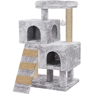 mellifluous scratching posts kitten cat tree - ladder  pompom ball  fur fabric  condo houses  jute rope grey large height 35 inch