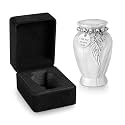 Memorials Small Urns for Human Ashes Keepsake with Case Aluminum Mini Urns for Ashes with Angel Wing Charm Decorative Burial Urn Funeral Cremation Urns for Women and Men (Marble White with Box)
