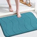 Memory Foam Bath Mat Soft Non Slip Bath Mat Toilet Floor Rug Non Slip Rubber Backing Non Slip Absorbent Super Cozy Velvet Bathroom Rug Carpet (17" X 24", Dark Teal Waved Pattern)