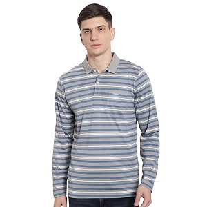 Mens Cotton Full-Sleeve Polo Collar Striped T-Shirt