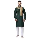 Men39s Dark Green Kurta with Golden Printed