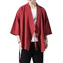 Men's Japanese Kimono Cardigan Loose Cotton Linen 3/4 Sleeve Open Front Casual Summer Shirt Jackets