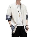 Men's Japanese Kimono Cardigan Loose Cotton Linen 3/4 Sleeve Open Front Casual Summer Shirt Jackets