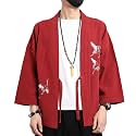 Men's Japanese Kimono Cardigan Loose Cotton Linen 3/4 Sleeve Open Front Casual Summer Shirt Jackets