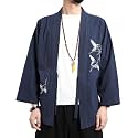 Men's Japanese Kimono Cardigan Loose Cotton Linen 3/4 Sleeve Open Front Casual Summer Shirt Jackets
