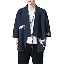 Men's Japanese Kimono Cardigan Loose Cotton Linen 3/4 Sleeve Open Front Casual Summer Shirt Jackets