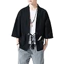Men's Japanese Kimono Cardigan Loose Cotton Linen 3/4 Sleeve Open Front Casual Summer Shirt Jackets