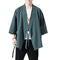 Men's Japanese Kimono Cardigan Loose Cotton Linen 3/4 Sleeve Open Front Casual Summer Shirt Jackets