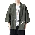 Men's Japanese Kimono Cardigan Loose Cotton Linen 3/4 Sleeve Open Front Casual Summer Shirt Jackets