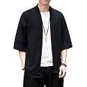 Men's Japanese Kimono Cardigan Loose Cotton Linen 3/4 Sleeve Open Front Casual Summer Shirt Jackets