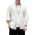 Men's Japanese Kimono Cardigan Loose Cotton Linen 3/4 Sleeve Open Front Casual Summer Shirt Jackets