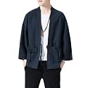 Men's Japanese Kimono Cardigan Loose Cotton Linen 3/4 Sleeve Open Front Casual Summer Shirt Jackets