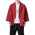 Men's Japanese Kimono Cardigan Loose Cotton Linen 3/4 Sleeve Open Front Casual Summer Shirt Jackets