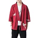 Men's Japanese Kimono Cardigan Loose Cotton Linen 3/4 Sleeve Open Front Casual Summer Shirt Jackets