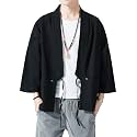 Men's Japanese Kimono Cardigan Loose Cotton Linen 3/4 Sleeve Open Front Casual Summer Shirt Jackets