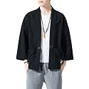 Men's Japanese Kimono Cardigan Loose Cotton Linen 3/4 Sleeve Open Front Casual Summer Shirt Jackets