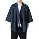 Men's Japanese Kimono Cardigan Loose Cotton Linen 3/4 Sleeve Open Front Casual Summer Shirt Jackets