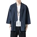 Men's Japanese Kimono Cardigan Loose Cotton Linen 3/4 Sleeve Open Front Casual Summer Shirt Jackets