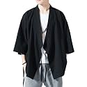 Men's Japanese Kimono Cardigan Loose Cotton Linen 3/4 Sleeve Open Front Casual Summer Shirt Jackets