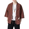 Men's Japanese Kimono Cardigan Loose Cotton Linen 3/4 Sleeve Open Front Casual Summer Shirt Jackets
