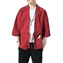 Men's Japanese Kimono Cardigan Loose Cotton Linen 3/4 Sleeve Open Front Casual Summer Shirt Jackets