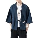 Men's Japanese Kimono Cardigan Loose Cotton Linen 3/4 Sleeve Open Front Casual Summer Shirt Jackets