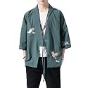 Men's Japanese Kimono Cardigan Loose Cotton Linen 3/4 Sleeve Open Front Casual Summer Shirt Jackets